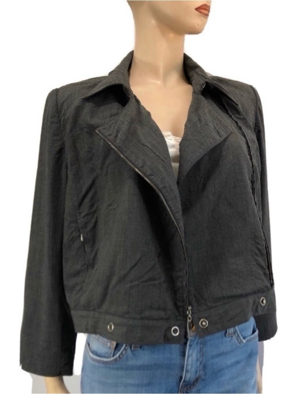 Anne Klein Black Asymmetrical Zip Bomber Jacket